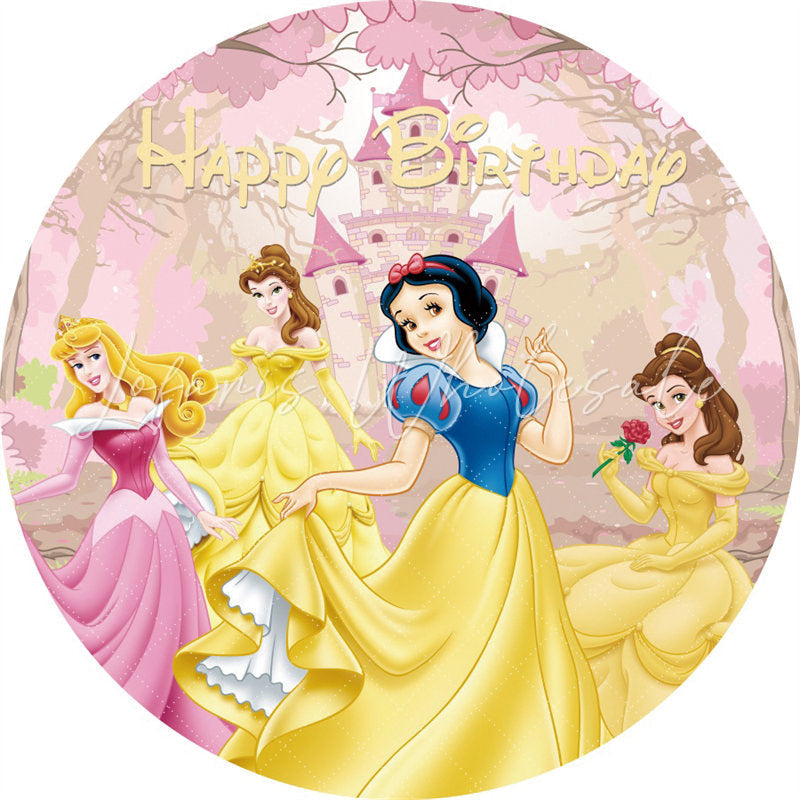 Lofaris Round Pink Princess Themed Happy Birthday Backdrop