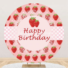 Lofaris Round Pink Strawberry Plaid Happy Birthday Backdrop