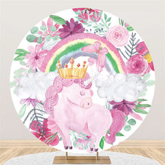 Lofaris Round Pink Unicorn Butterfly Happy Birthday Backdrop