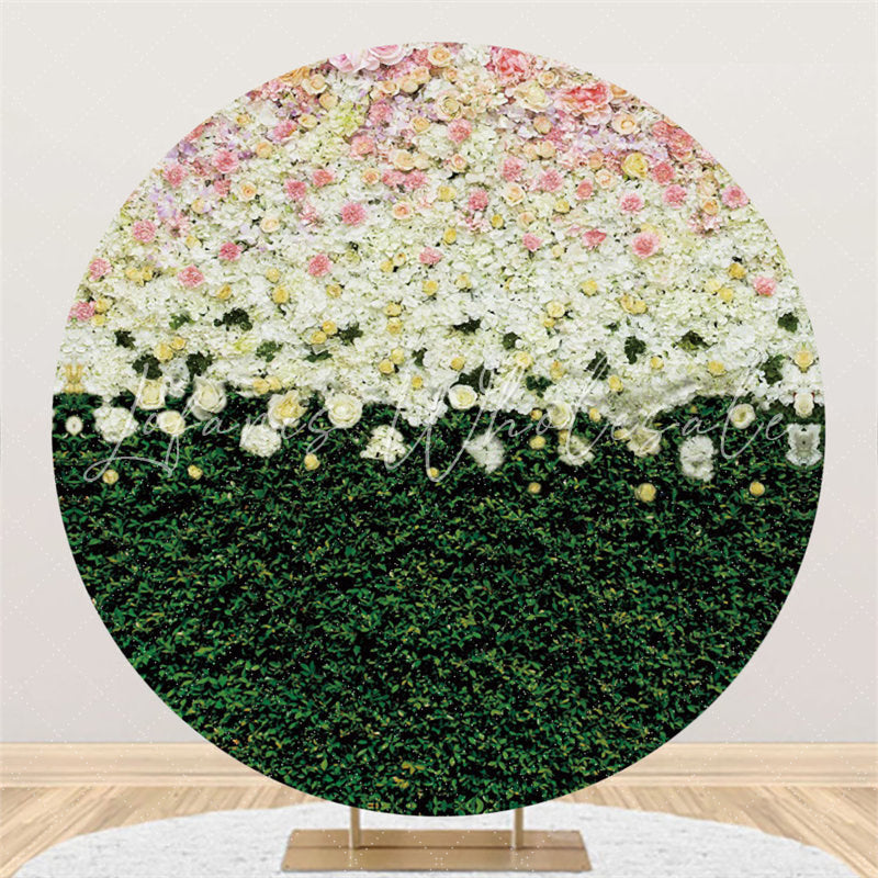 Lofaris Round Pink White Floral Green Leaves Wedding Backdrop