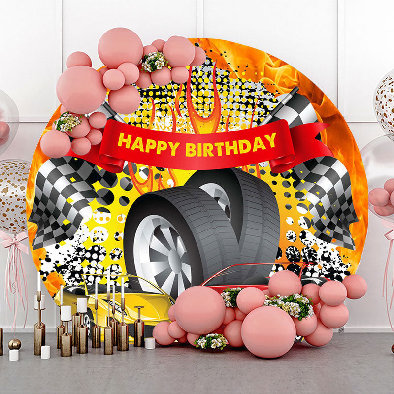 Lofaris Round Red Yellow Racing Flag Tire Birthday Backdrop