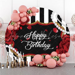 Lofaris Round Rose And White Pearl Happy Birthday Backdrop