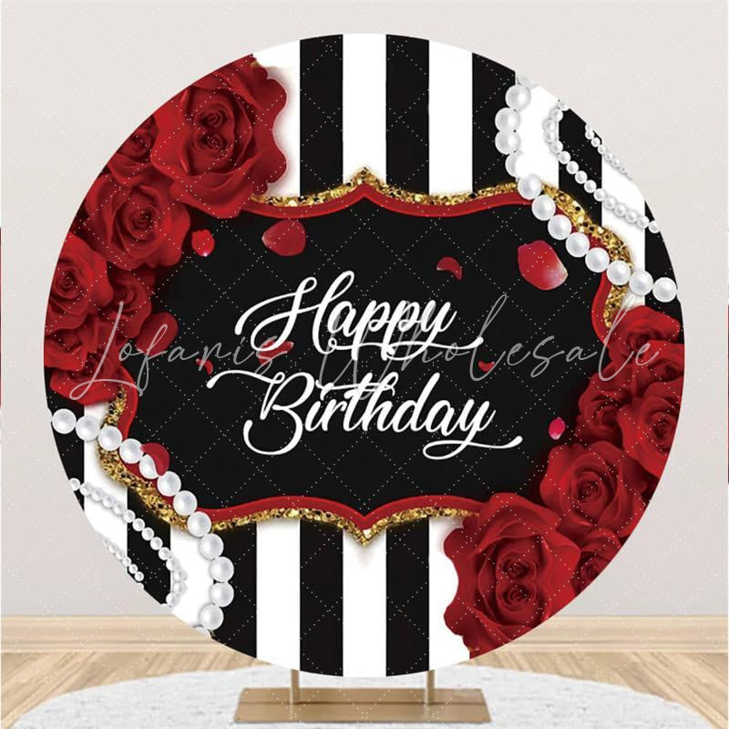 Lofaris Round Rose And White Pearl Happy Birthday Backdrop