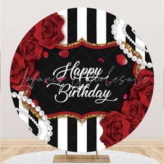 Lofaris Round Rose And White Pearl Happy Birthday Backdrop