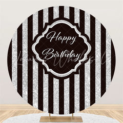 Lofaris Round Simple Silver Black Stripe Happy Birthday Backdrop