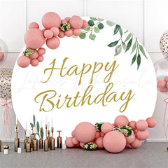 Lofaris Round Simple With Green Leaves Happy Birthday Backdrop