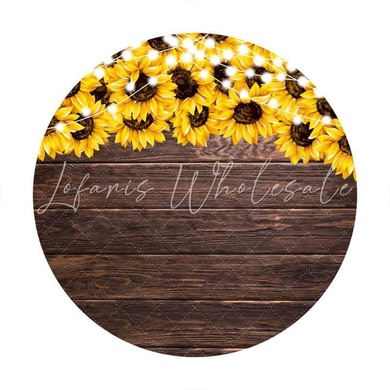 Lofaris Round Sunflower Glitter Wooden Happy Birthday Backdrop