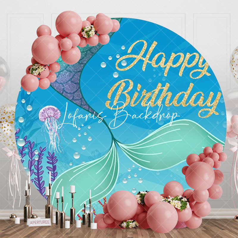 Lofaris Round Undersea Glitter Mermaid Birthday Backdrop