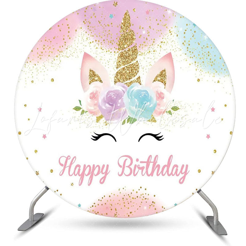 Lofaris Round White Floral Unicorn Happy Birthday Backdrop