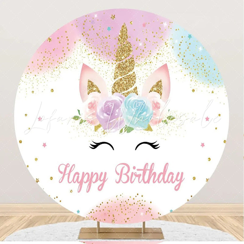 Lofaris Round White Floral Unicorn Happy Birthday Backdrop