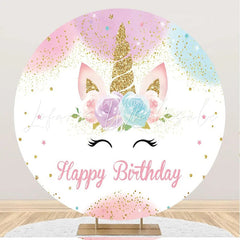 Lofaris Round White Floral Unicorn Happy Birthday Backdrop