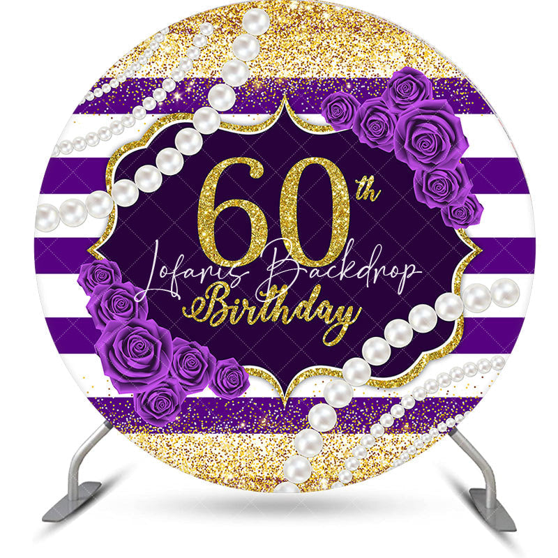 Lofaris Round White Purple Stripe 60th Birthday Backdrop