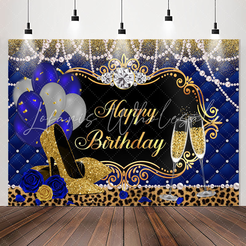 Lofaris Royal Blue Gold and Leopard Happy Birthday Backdrop