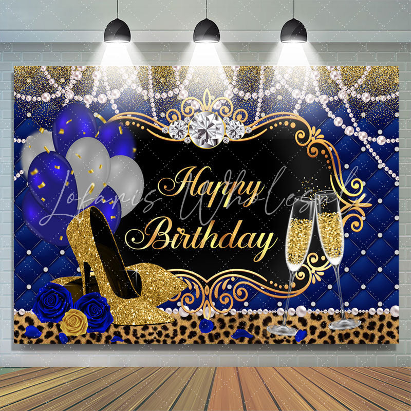 Lofaris Royal Blue Gold and Leopard Happy Birthday Backdrop