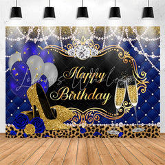 Lofaris Royal Blue Gold and Leopard Happy Birthday Backdrop
