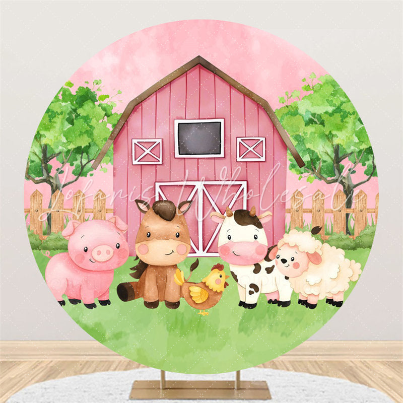 Lofaris Rustic Pink Farm Animals Circle Baby Shower Backdrop