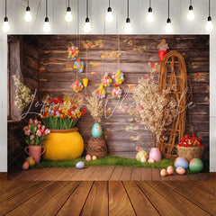Lofaris Rustic Wooden Wall Floral Eggs Birthday Backdrop