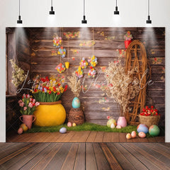 Lofaris Rustic Wooden Wall Floral Eggs Birthday Backdrop