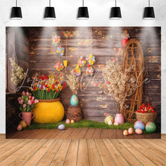 Lofaris Rustic Wooden Wall Floral Eggs Birthday Backdrop