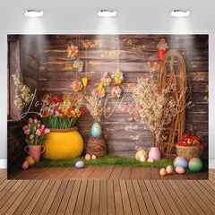 Lofaris Rustic Wooden Wall Floral Eggs Birthday Backdrop