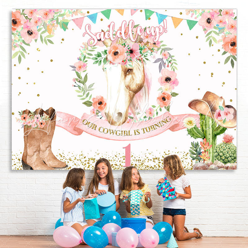 Lofaris Saddle Up Pink Floral And Horse First Birthday Backdrop