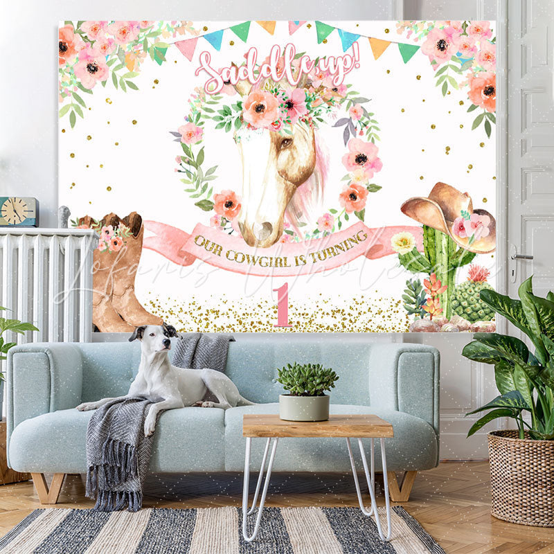 Lofaris Saddle Up Pink Floral And Horse First Birthday Backdrop
