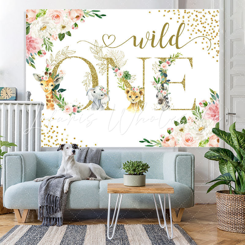 Lofaris Safari And Floral Glitter Wild One Birthday Backdrop