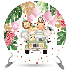 Lofaris Safari Animal Car Balloon Birthday Round Backdrops