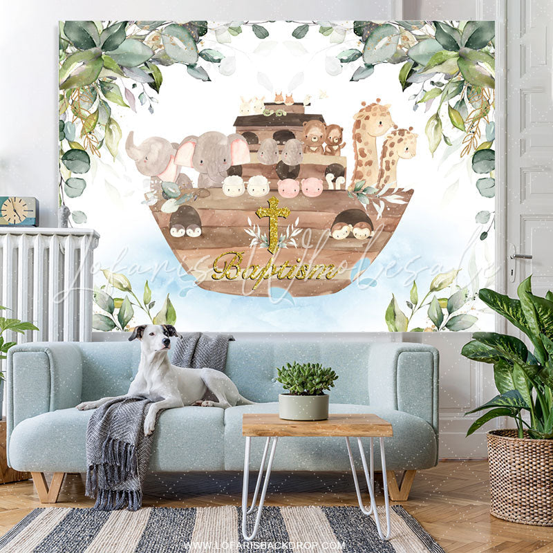 Lofaris Safari Boat With Leaves Cross Baptism Backdrop