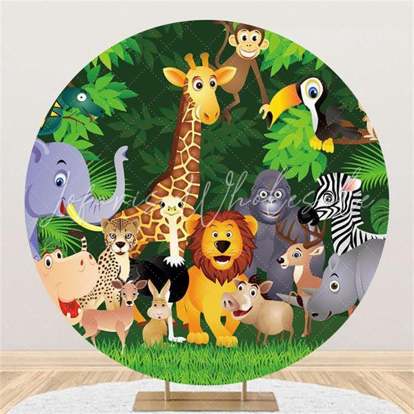 Lofaris Safari Green Jungle Forest Round Happy Birthday Backdrop