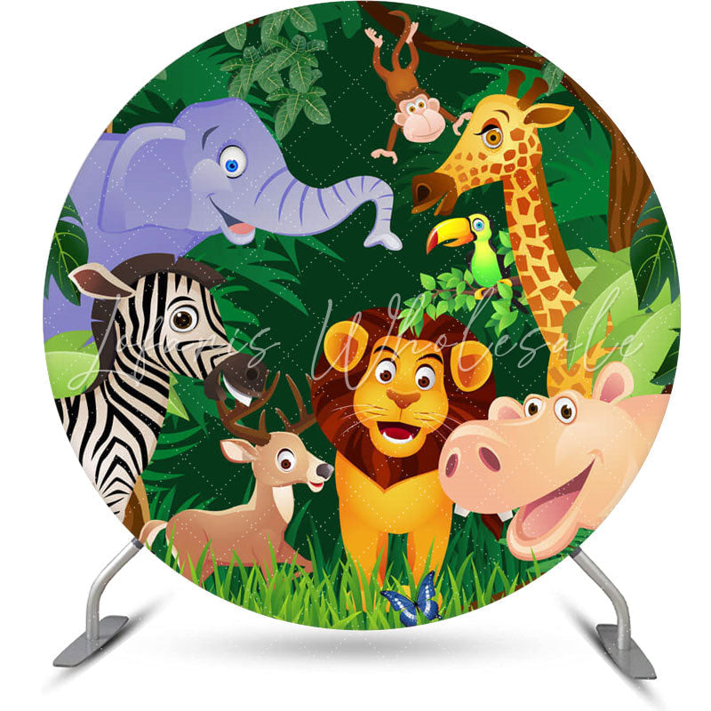 Lofaris Safari Jungle Cartoon Animal Round Birthday Backdrop