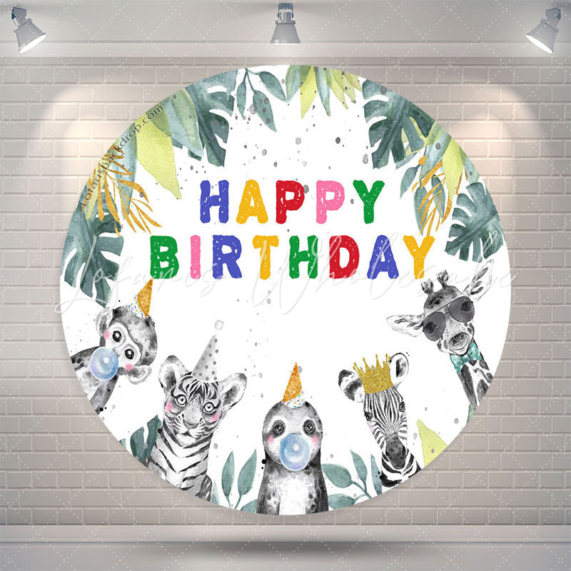 Lofaris Safari Monstera Animal Round Happy Birthday Backdrop