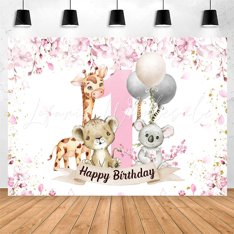 Lofaris Safari Pink Animals Happy 1st Birthday Backdrop