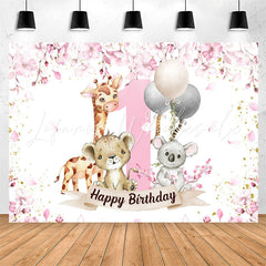 Lofaris Safari Pink Animals Happy 1st Birthday Backdrop