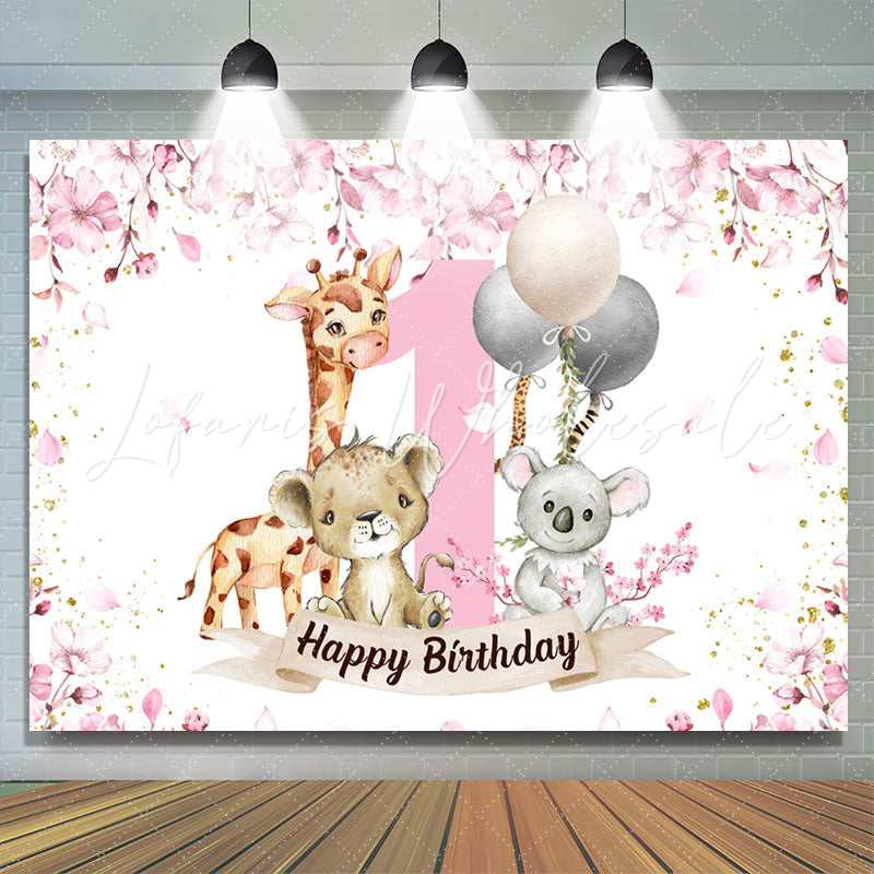 Lofaris Safari Pink Animals Happy 1st Birthday Backdrop