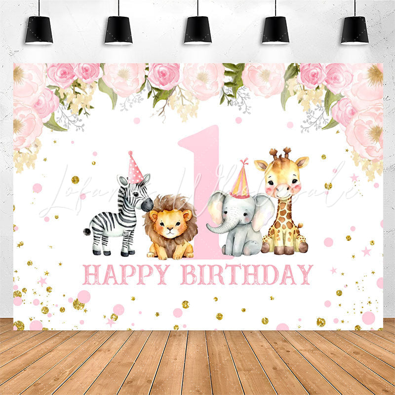 Lofaris Safari Pink Floral Animals 1st Birthday Backdrop