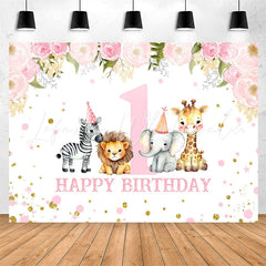 Lofaris Safari Pink Floral Animals 1st Birthday Backdrop