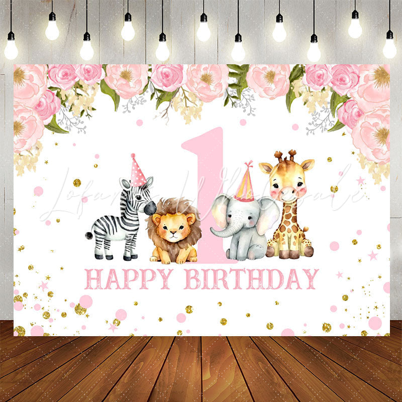 Lofaris Safari Pink Floral Animals 1st Birthday Backdrop