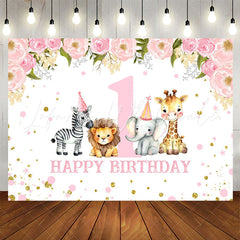 Lofaris Safari Pink Floral Animals 1st Birthday Backdrop