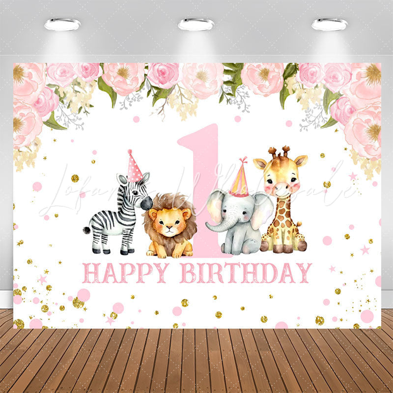 Lofaris Safari Pink Floral Animals 1st Birthday Backdrop