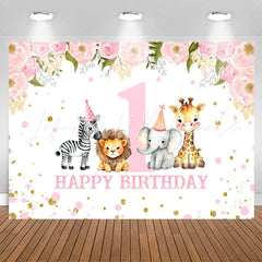 Lofaris Safari Pink Floral Animals 1st Birthday Backdrop