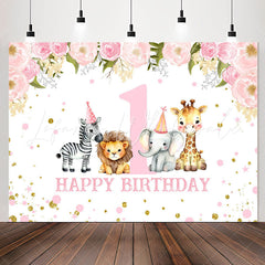 Lofaris Safari Pink Floral Animals 1st Birthday Backdrop