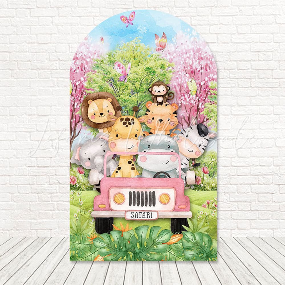 Safari Pink Truck Wild Ride Arch Backdrop For Jungle Girl Theme
