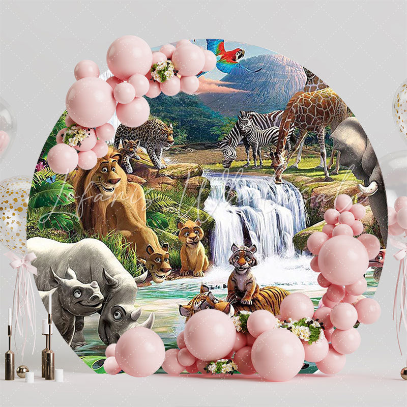 Safari Waterfall Adventure Round Backdrop for Jungle Party