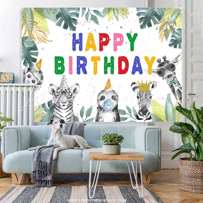 Lofaris Safaris Jungle Leaves Themed Happy Birthday Backdrop