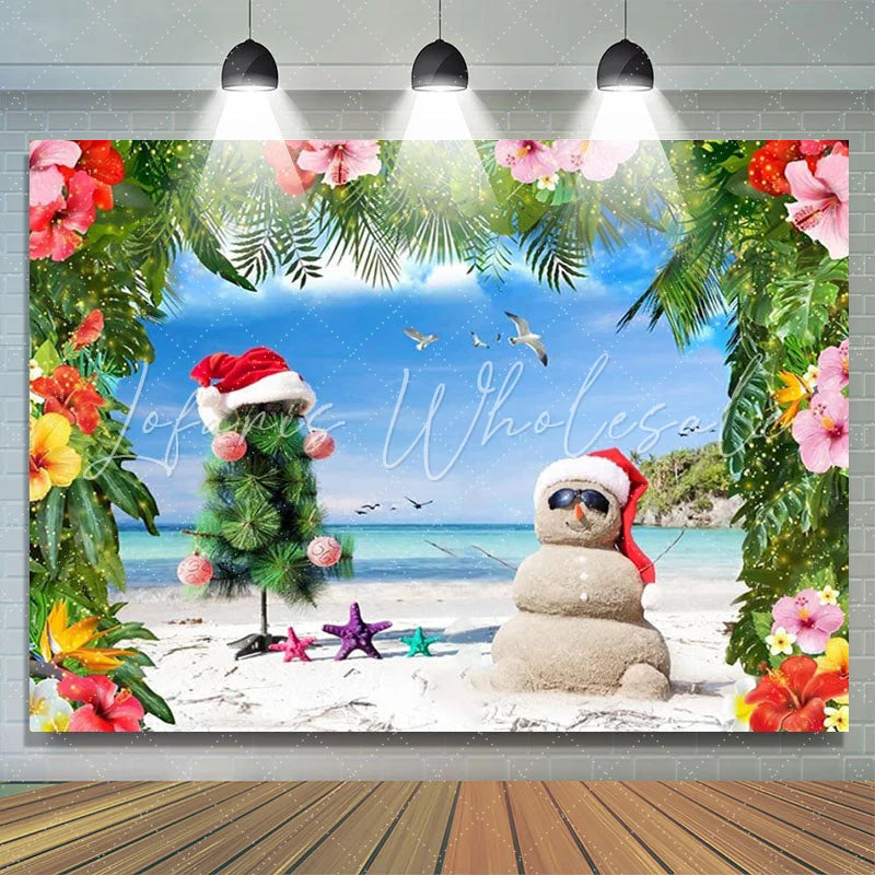 Lofaris Sand Snowman Floral Hawaii Xmas In July Backdrop