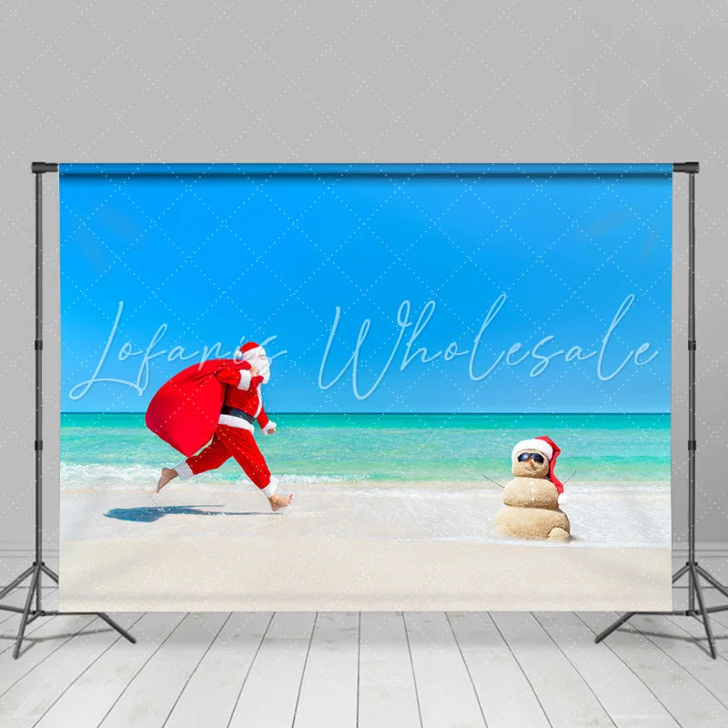 Lofaris Santa Running On The Beach Happy Christmas Backdrop