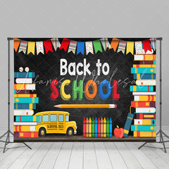 Lofaris School Bus And Colorful Flags Back To Backdrop