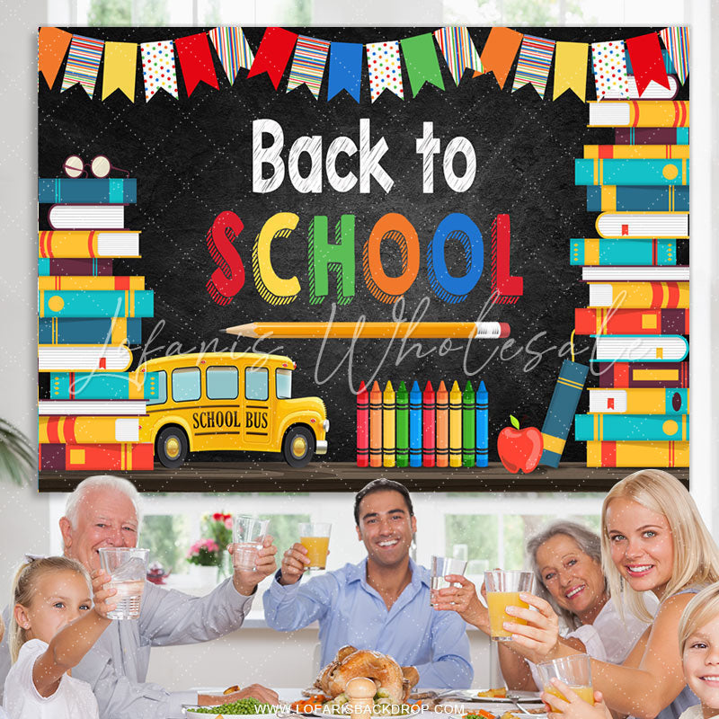 Lofaris School Bus And Colorful Flags Back To Backdrop