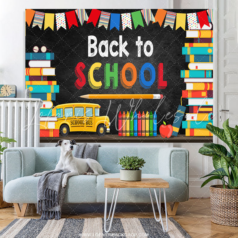 Lofaris School Bus And Colorful Flags Back To Backdrop